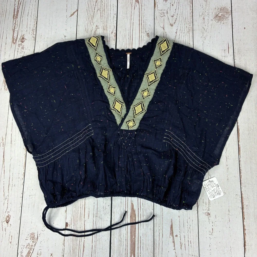 Free People Navy Blue Gauze Embroidered V-Neck Drawstring Top OB1157299 Womens S